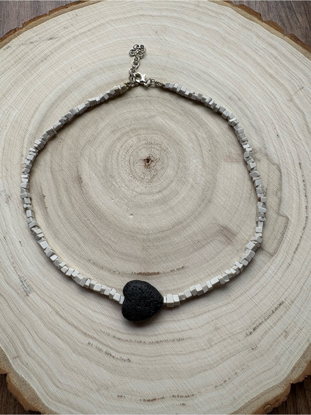 Artisan Made Black Lava Stone Heart & White Agate Bead Choker Necklace